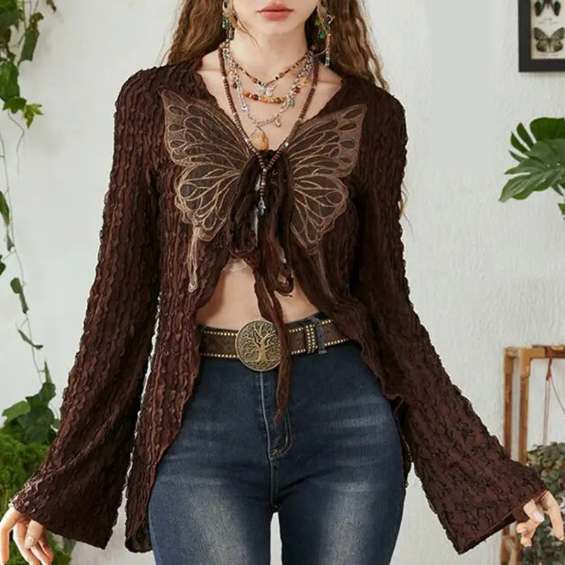 Retro Texture Fabric Butterfly Embroidery Lace-up Cardigan Women's French Trend Slimming Top