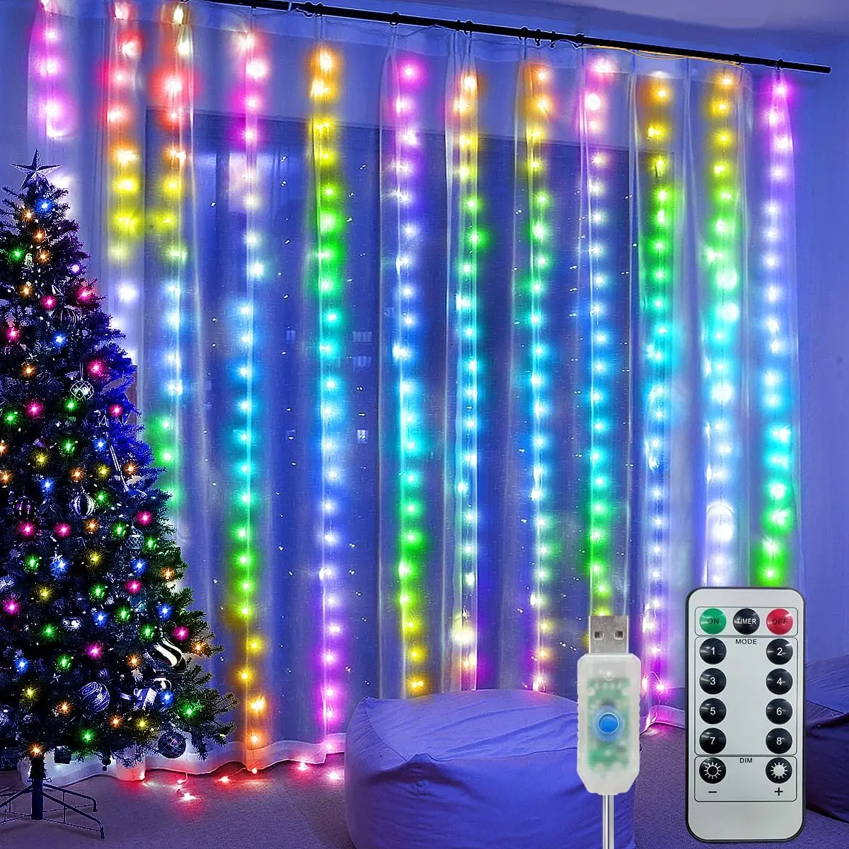 Guirnalda de cortina LED de 3M, guirnalda de luces de hadas con control remoto para Año Nuevo, decoración de Navidad, fiesta, decoración de boda