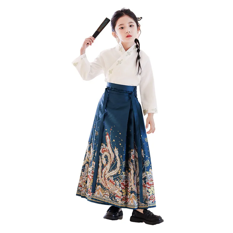 2024 Chinese Style Kids Skirt Girls Daily Children Hanfu Ancient Horse Face Skirt For Baby Girl Summer Thin Child Skirt Suit