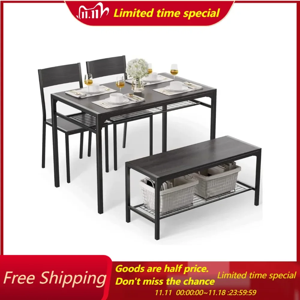 

Kitchen Table and 2 Chairs for 4 with Bench, 4 Piece Dining Table Set for Small Space, Apartment