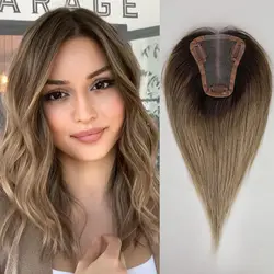 Ombre Gray Ash Blonde Hair Toppers 100% Remy Human Hair Topper for Women Hair Loss Silk Base 3Clip Hair Pieces in Toppers 12inch