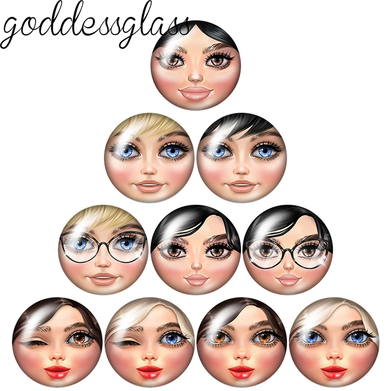 Matryoshka doll Girl Lady Face with Glasses Wink 10pcs 12mm/18mm/20mm/25mm Round Photo Glass Cabochon Flat Back Accessories