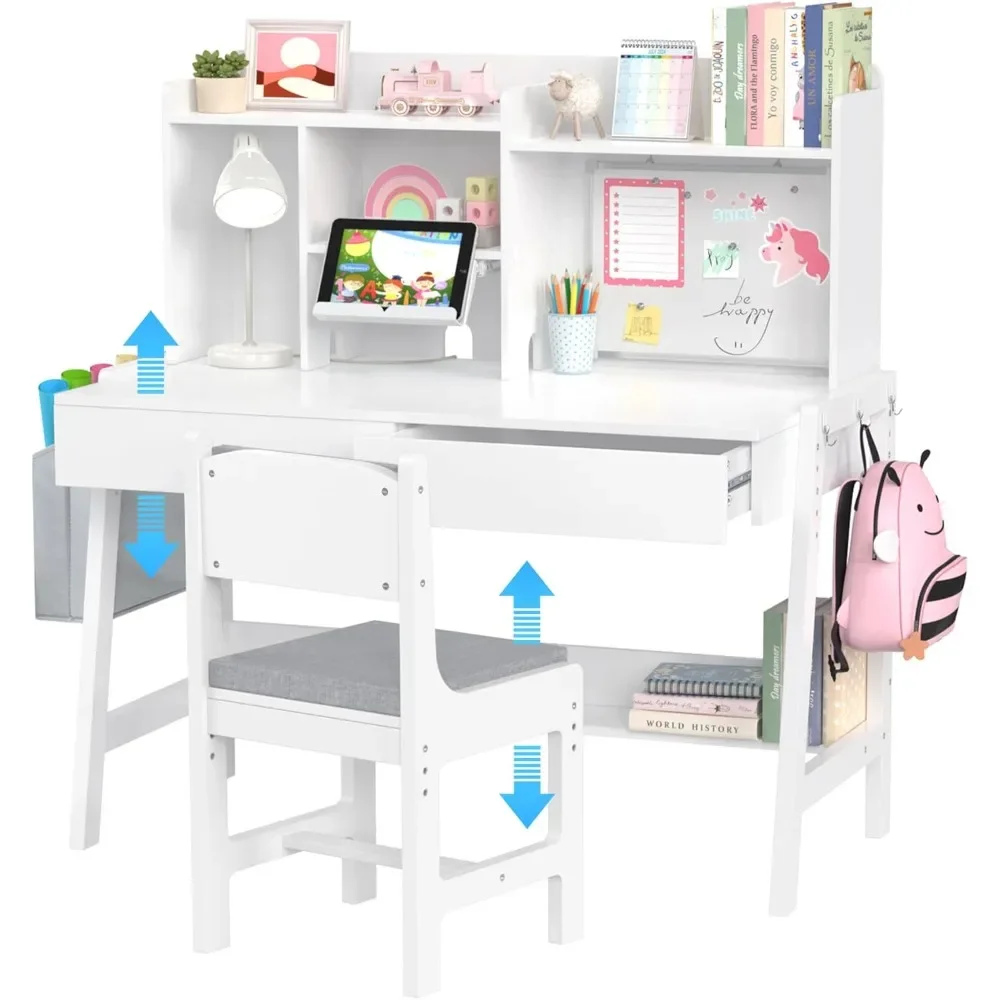 

Kids Study Desk and Chair Set, Adjustable Children Study Table with Chair, Kids Wooden Study Desk with Hutch, Drawers