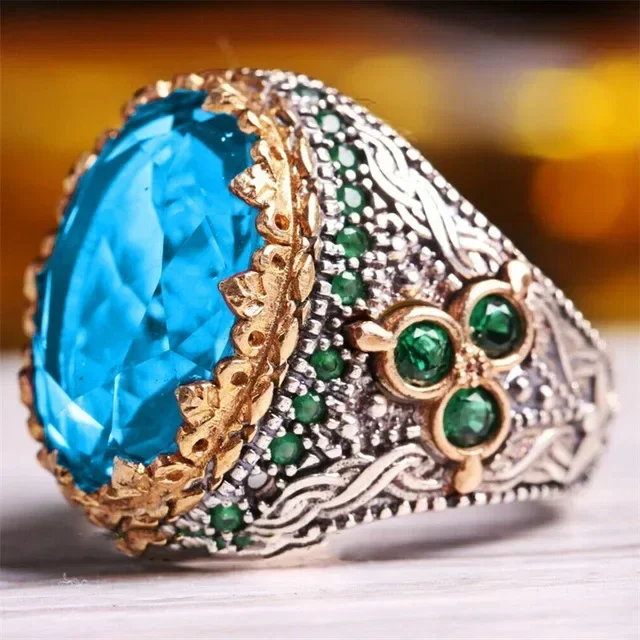 2022 new inlaid sea blue emerald men\'s ring Turkey retro domineering personality ring to attend the banquet high-quality jewelry