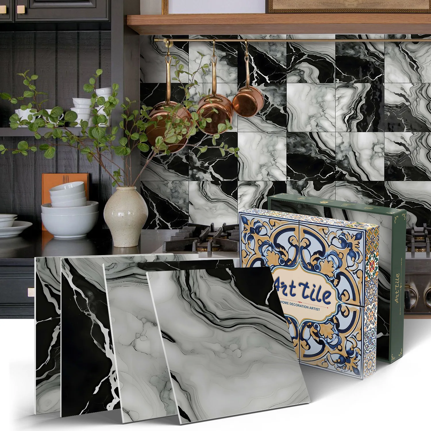 12/24 Pieces Marble Splicing Tile Stickers Irregular Wall Stickers Self-Adhesive Waterproof and Oil Resistant Kitchen Home Decor