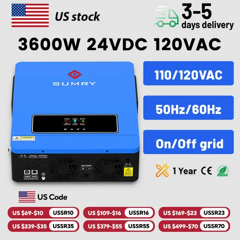 SUMRY 3600w Hybrid Pure Sine Wave Inverter 24v Dual Output 120v on/off Grid Solar Inverter 50/60hz Short-circuit Protection