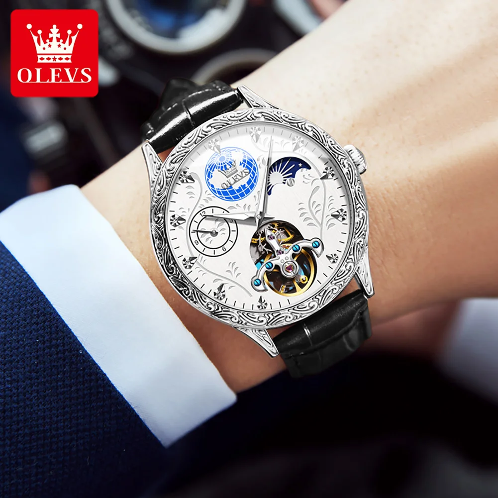 OLEVS 6660 Classic Hollow Skeleton Mechanical Watch For Men Moonswatch Top Brand Business Hand Clock Waterproof Luxury Man Watch