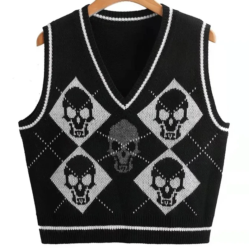 

Skulls Graphic Sweater Vest Jumper Vintage Autumn Winter New Women V-neck Knitted Cropped Pullovers Gothic Sleeveless Tops