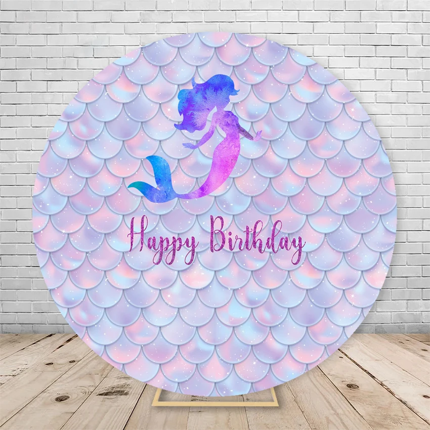 Round Mermaid Princess Girl Birthday Backdrop Under the Sea Fish Scales Background Circle Baby Birthday Party Decorations Custom