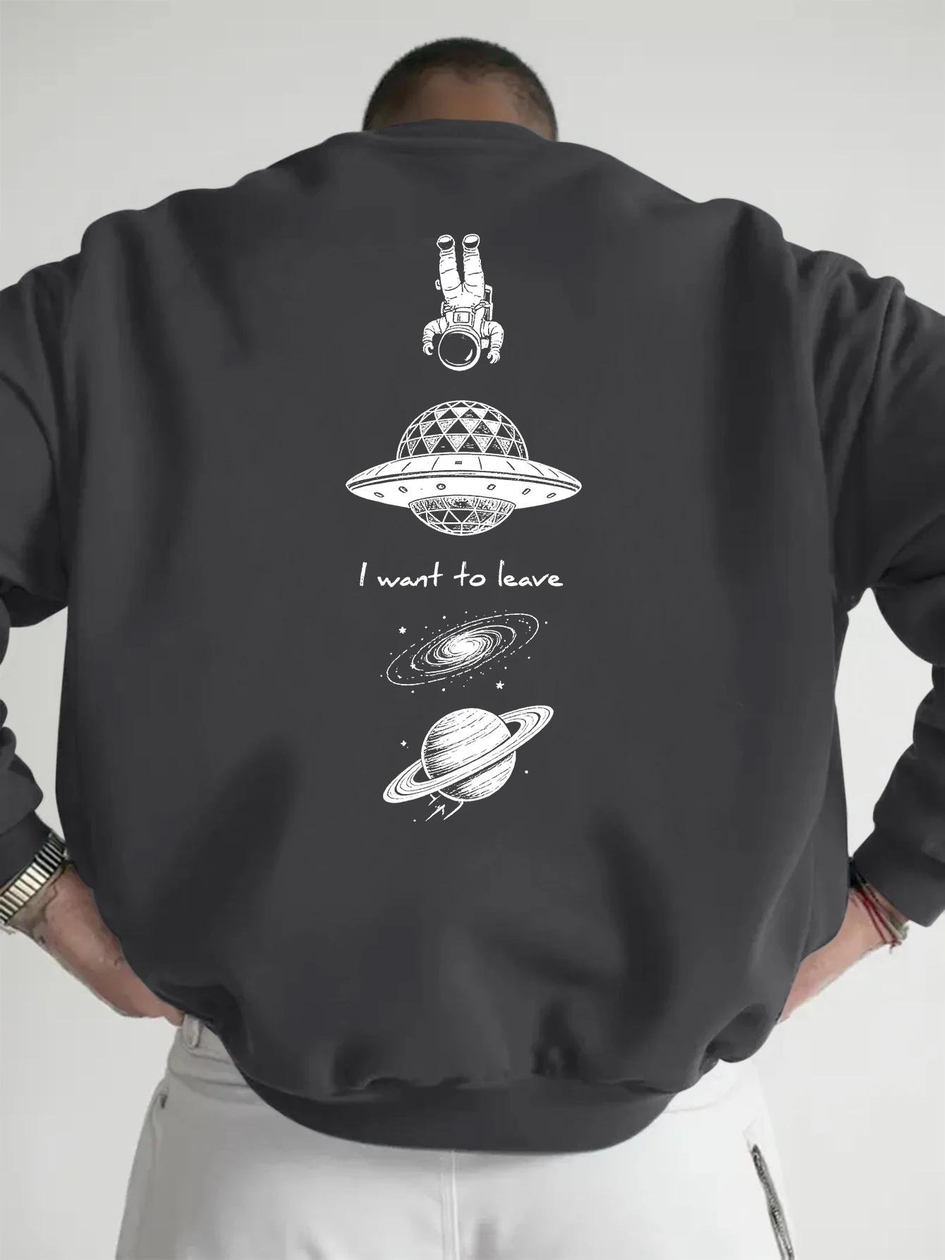 Men Black Oversized Crew Neck Pullover, Retro Space Astronaut UFO Planet 