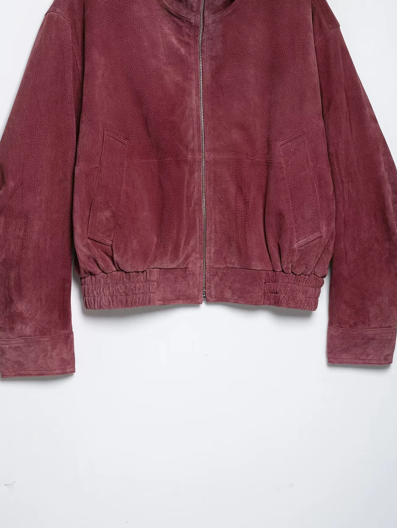 HH Damen Mode Matt-Finish Bomberjacke Wildleder Burgunderrot Hoher Kragen Locker Sitzende Oberbekleidung Frühling Herbst Damen Pendlerjacke – Detail 6