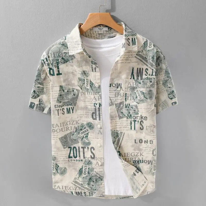 Casual British Style Short Sleeve Printed Shirt for Men Breathable Lightweight Summer Fashion Top Quality Polyester Fabric