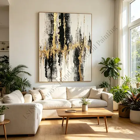 Painted Hand Painted Oil Painting Canvas Wall Art Gold Drip White Black Grey Abstract Luxury Modern Textured Home Decor Living Room