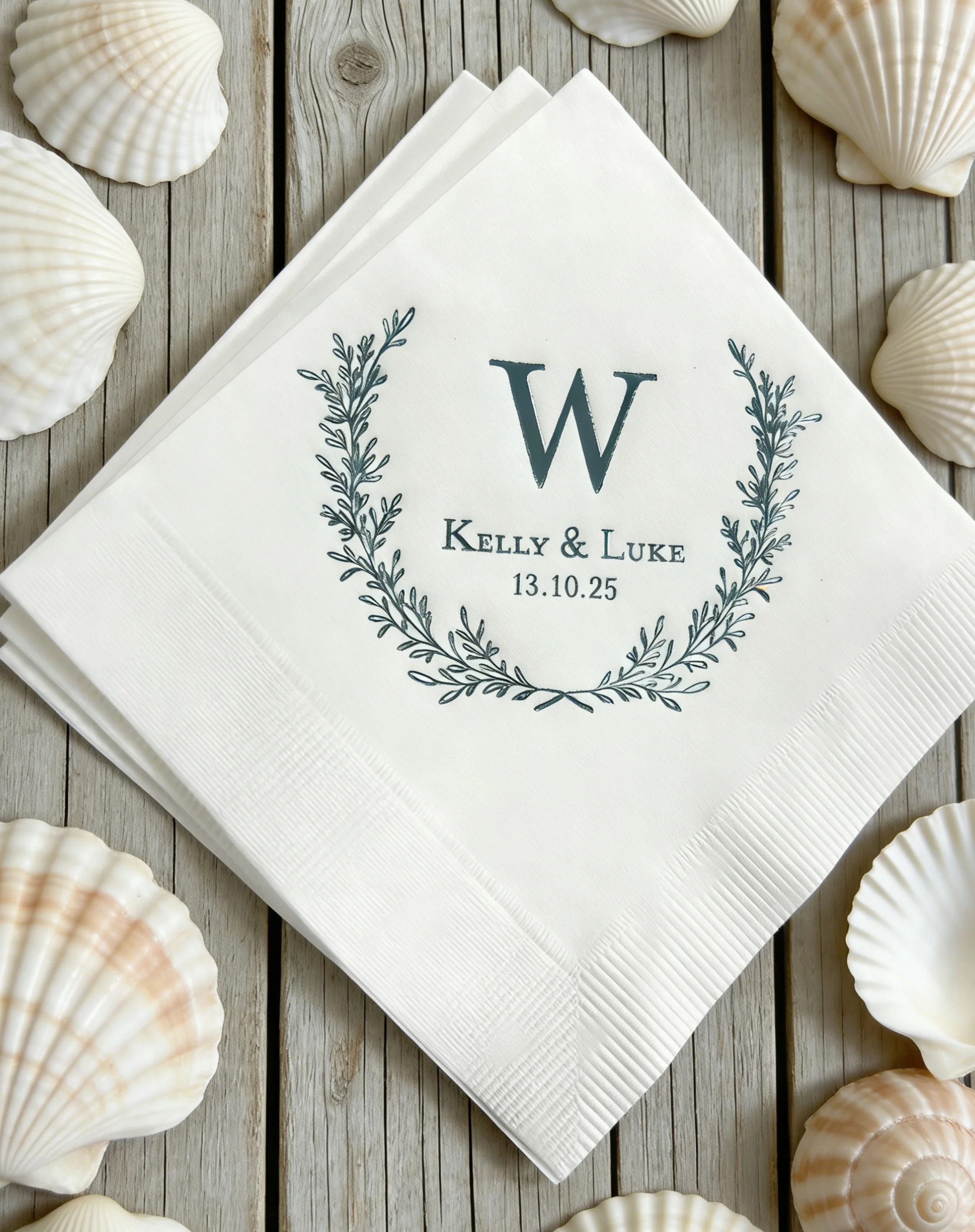 

Personalized Wedding Napkins Custom Laurel Wreath Design for Cocktail Beverage Luncheon Dinner Multi-Size Available