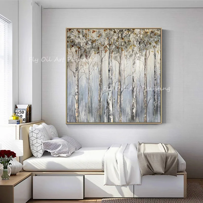 100% hand painted gold foil silver tree forest plant luxury picture Oil Painting As A Gift For Home Office Decoration Unframe