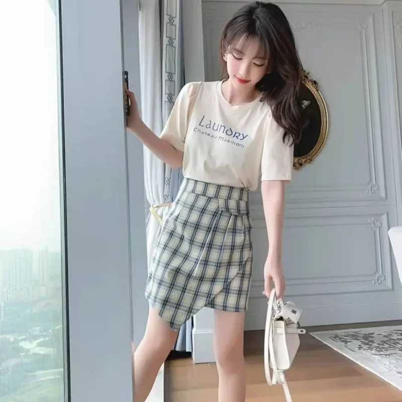 Skirt Slit Woman Outfit Short Sleeve Plaid Kawaii 2 Pieces Sets For Women Formal Event Cheap Clothing Korean Style Offers Korea