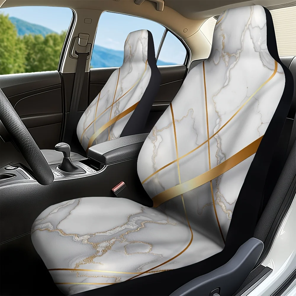 2pcs, Stylish Golden Geometric Lines Pattern Front Seat Covers, Keeps Driver Comfortable During Daily Commutes, Perfect Gift For