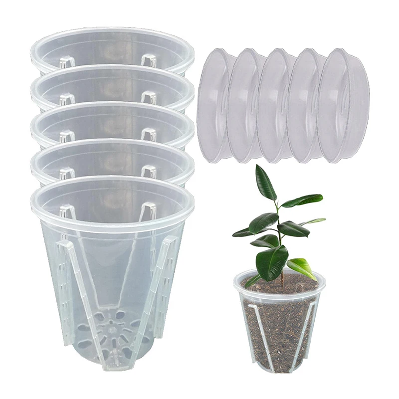 5pcs Transparent Flower Pot Green Plant Plastic Seedling Cup Gardening Supplies With Bottom Hole Mini Flower Pot With Tray