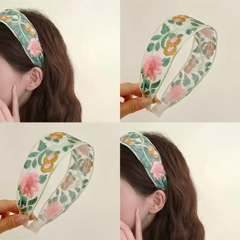 

Летняя лимитированная серия~ Новая повязка на голову с вышивкой розами и кружевом, в этническом стиле, с ретро-вышивкой, широкая повязка с заколкой для волос.