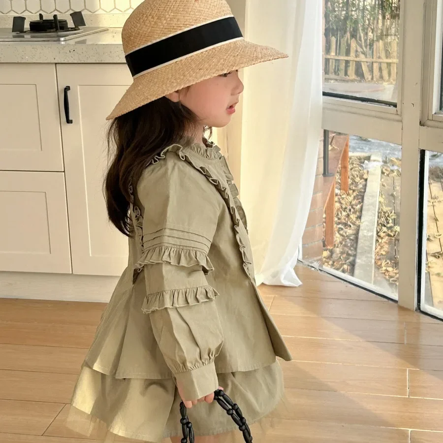 Children Clothing 2024 Spring New Retro Korean Style Shirt Set Girls Small Stand Collar Lace Shirt Culottes Sweet Two-piece Set