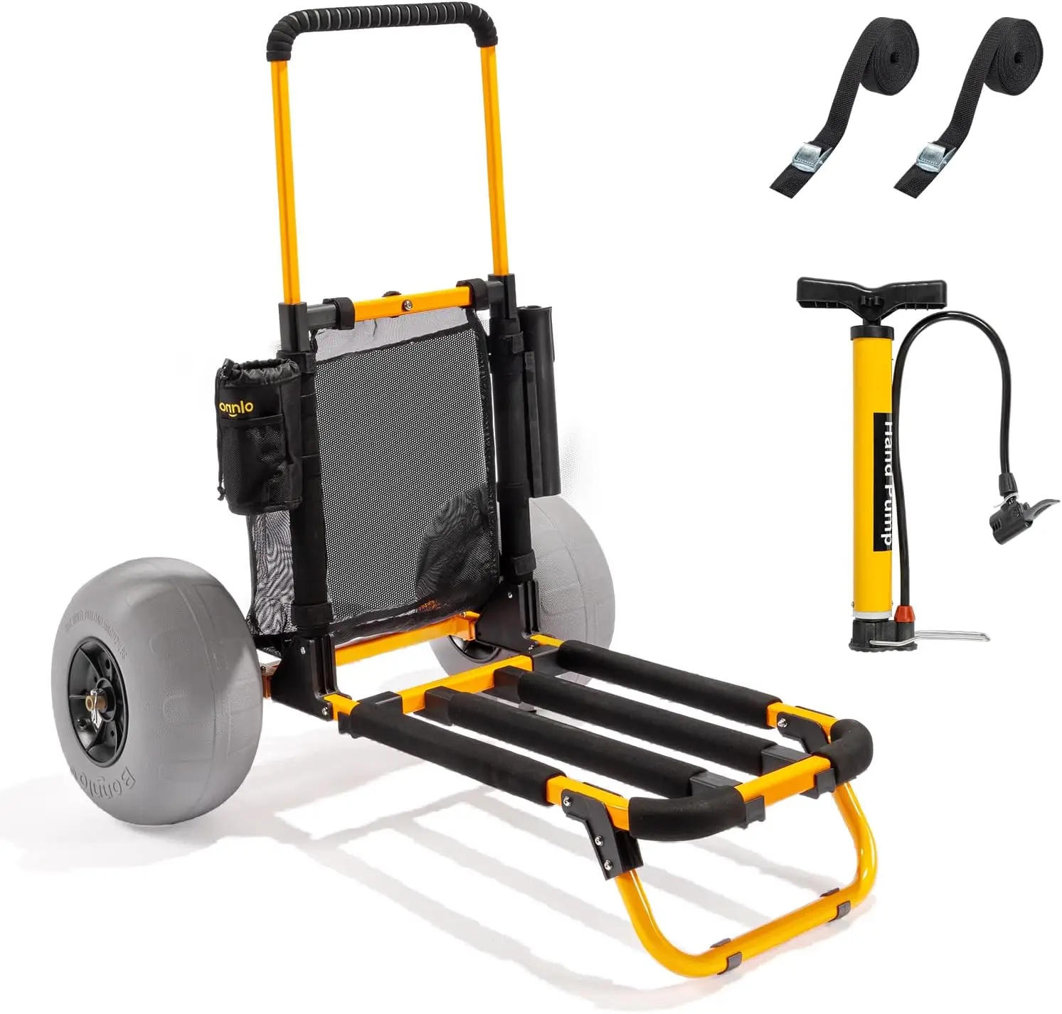 Carrito de Pesca para Playa Bonnlo, Carretilla Plegable con Ruedas Grandes de 12 Pulgadas, Color Naranja, Marco y Asa de Aluminio, Plataforma de Carga de 23 x 15 Pulgadas, Soportes para Cañas de Pescar y Botellas de Agua, Bolsa de Malla, Bomba Manual