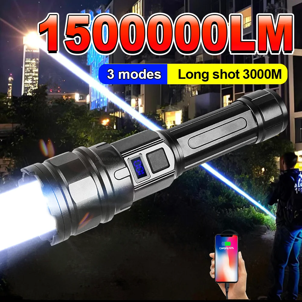 

High Power 1500000LM LED Flashlight 600W Spotlights 3000m Tactical Flashlights Rechargeable Torch Waterproof for Camping Fishing