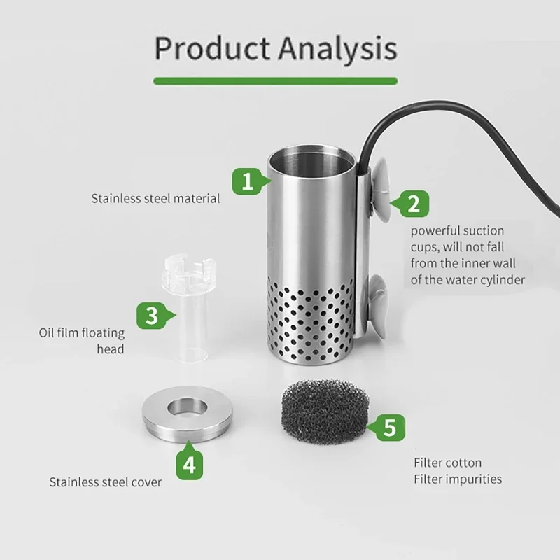 Planted Aquarium Electric Oil Removal Film Fish Tank Stainless Steel USB Filter Self-priming Floating Head Oil Film Processor view 4