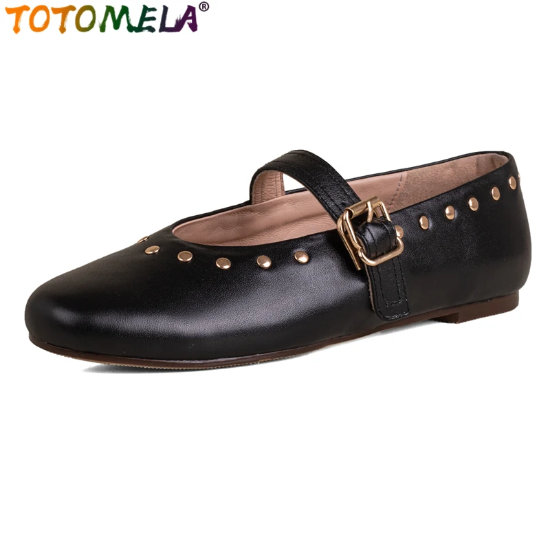 

TOTOMELA Big Size 34-43 New Genuine Leather Women Flats Mary Janes Spring Summer Rivets Ladies Office Dress Shoes