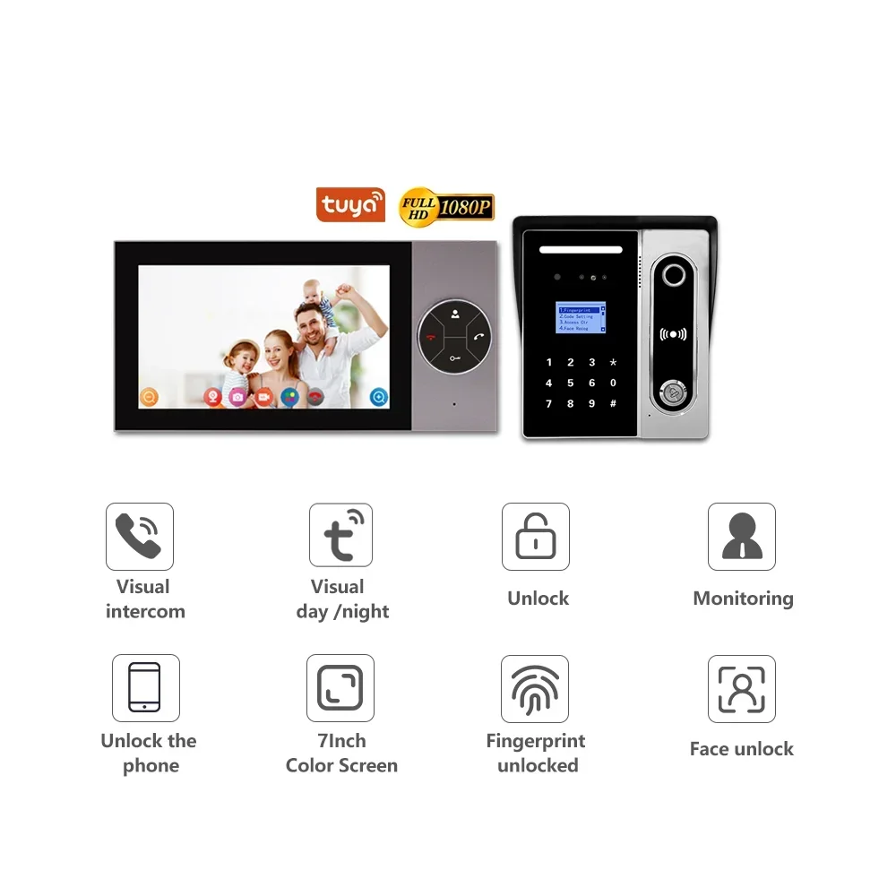 2026 Factory Price High Host 1 Monitor 1080p Tuya Interphone System Unlock Via Face, Fingerprint, Password Wifi Video Interc