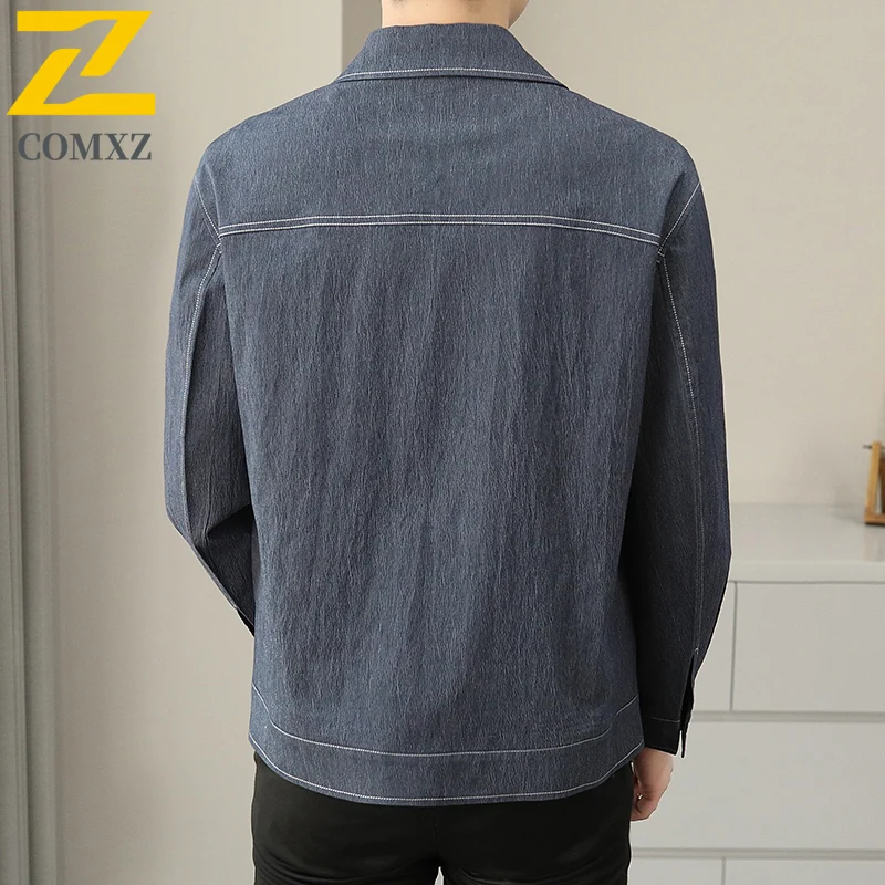 COMXZ Mens Jacket 2025 New Casual Denim Like Camping Lightweight Coat Men Comfortable Streetwear Fashion Spring Autumn Outerwear