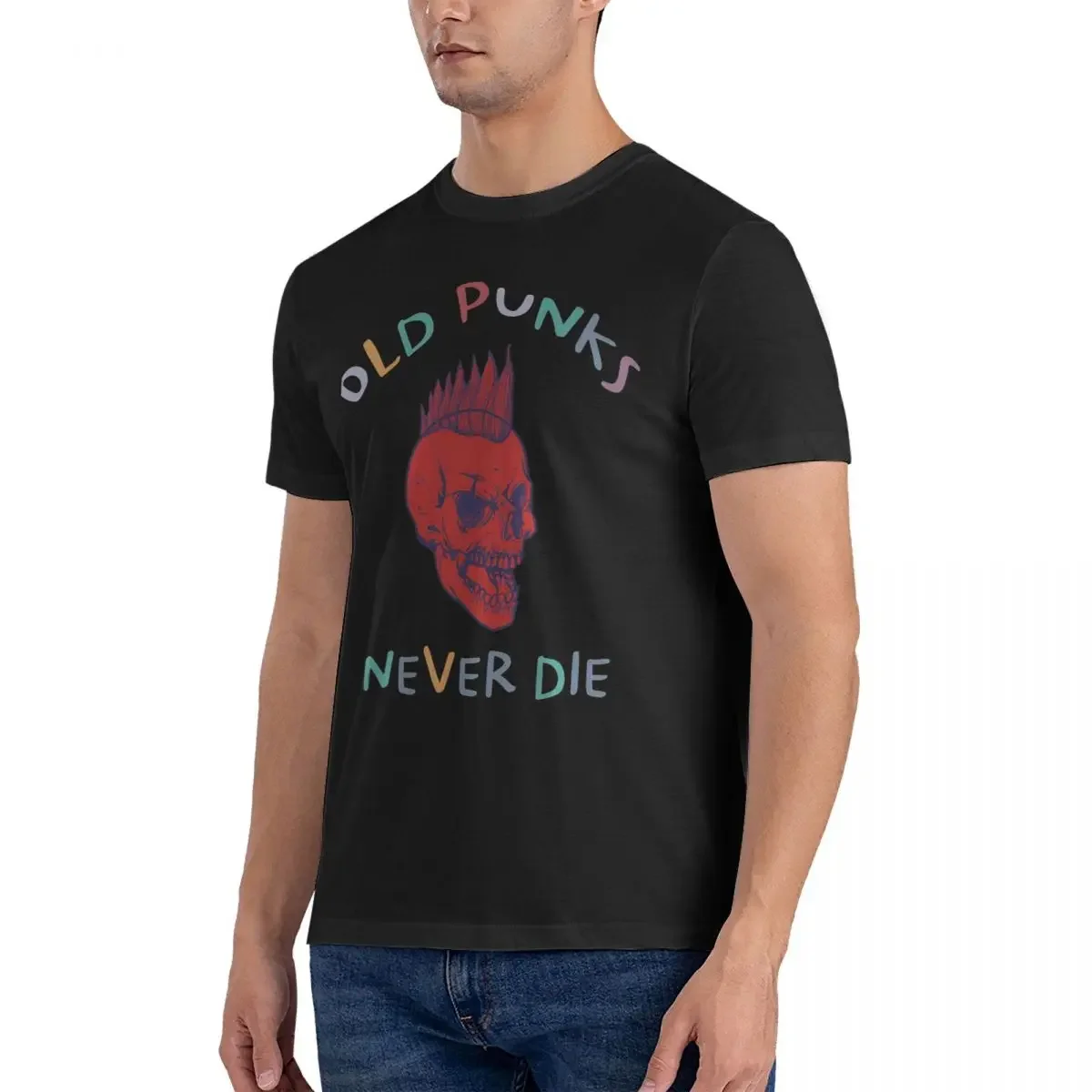 LOGO T-Shirts Men Old Punks Never Die Funny Pure Cotton Tee Shirt Round Collar Short Sleeve T Shirts Unique Tops