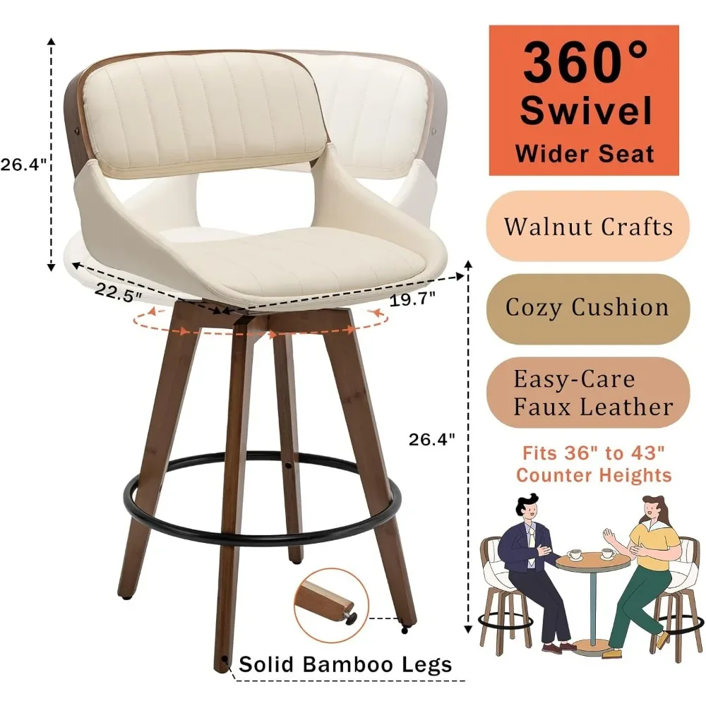 

Set of 2 Modern Bar Stools – 26.4" Counter Height, Faux Leather Upholstery & Swivel Design, Mid-Century Style​