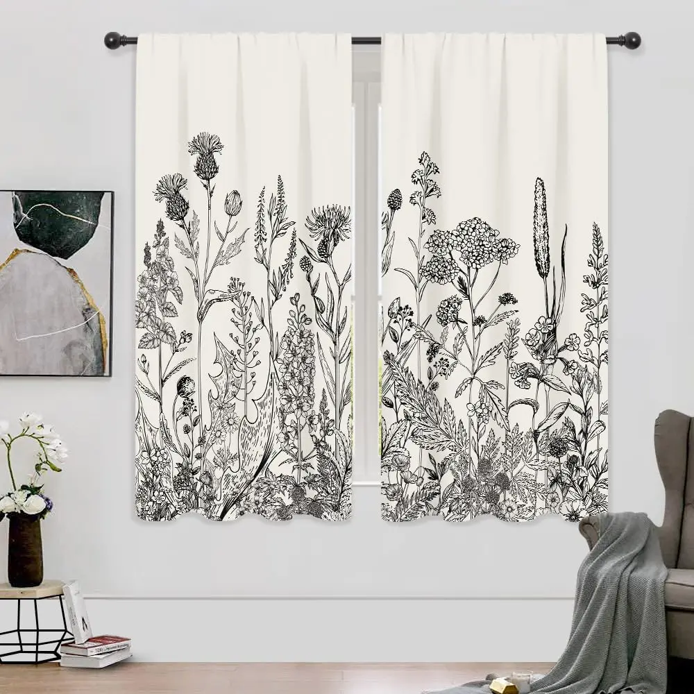 

Rustic Flower Floral Plant Ains Bla White Leaf Rod Pocket Vintage Herbswomen Wildflower Blossom Botanical Natureclassic Bedroom