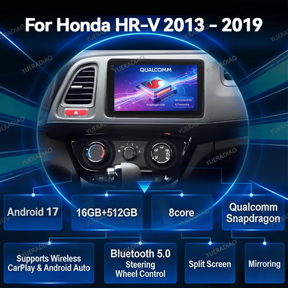 Radio para Auto Android 17 para Honda HR-V HRV XRV Vezel 2013-2019, Reproductor Multimedia Estéreo, Video, Qualcomm, BT, 4G LTE, 5G WIFI, GPS, Navegación