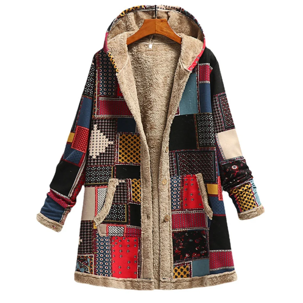 Chic Printed Patchwork Fleece Lined Hooded Zip Up Long Sleeve Oversized Loose Fit Warm Cozy Fuzzy Basic Casual Daily Autumn Coat