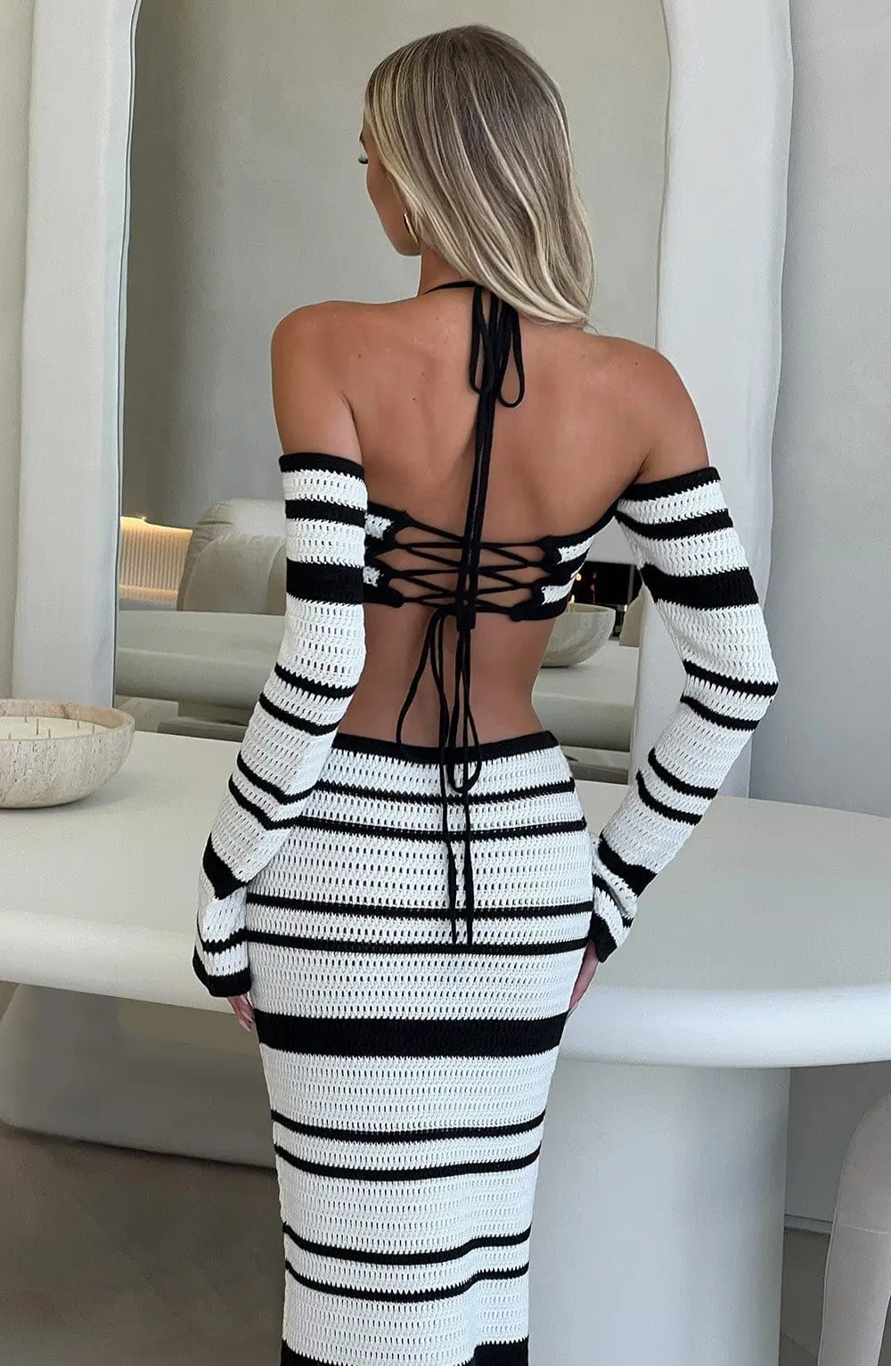 Sommer 2 Stück Kleid Set gestreiften gestrickten Strand sexy rücken freie Bandage Neck holder Tops langen Rock elegante Boho Outfit Urlaub Rock