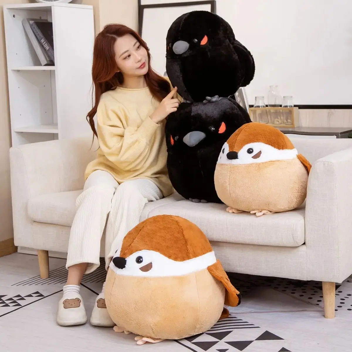Simulation 35/40cm Cute Sparrow Crow Plush Toy Fat Round Stuffed Bird Animal Doll Pillow Soft Lifelike Bird Baby Christmas Gifts