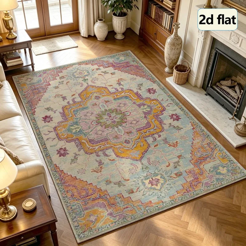 1Pc Bohemian Vintage Area Rugs, Soft and Comfortable, Easy to Maintain, Machine Washable Indoor Floor Mat, under Table Farmhouse