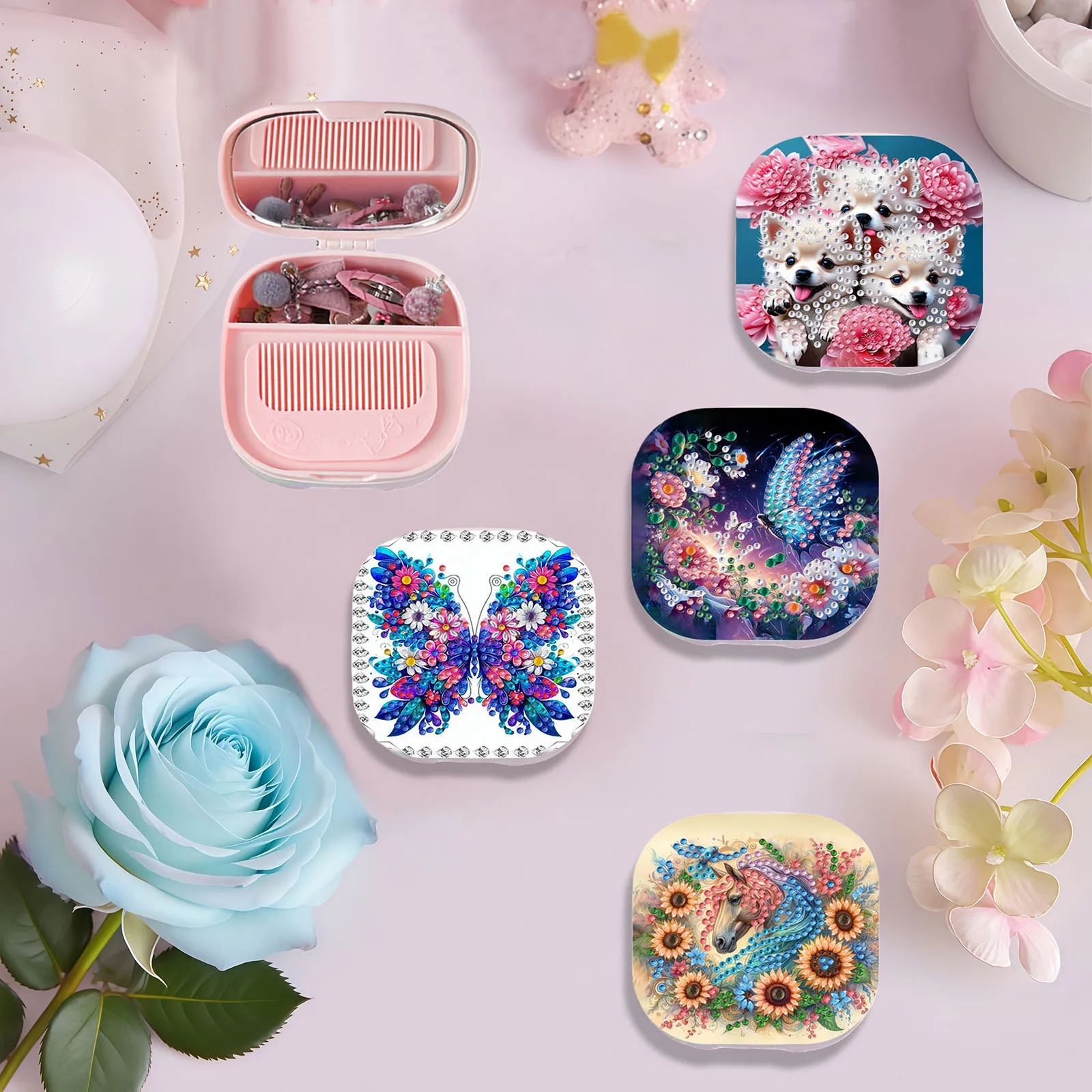 1 DIY animal irregularly shaped diamond painting set with mirror comb makeup jewelry, Mosaic art portable jewelry box