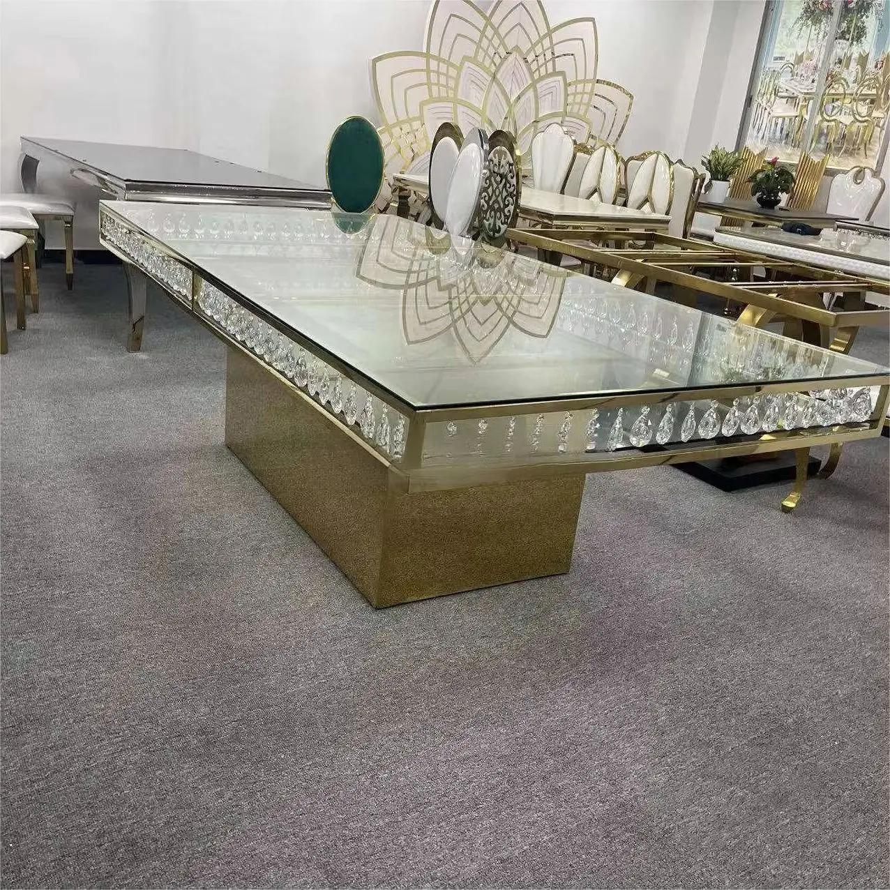 mirrored glass rectangle crystal gold stainless steel restaurant luxury mirrored glass table factory direct sale