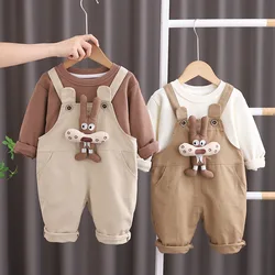 Autumn 2024 Children Boys 2PCS Clothes Set Solid Cotton Tops Cartoon loose Suspender Pants Suit Toddler Baby Boys Outfits