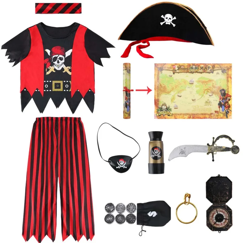 Dziecięcy kostium pirata dla chłopców Dziecięca sukienka piracka Złożony zestaw Karnawał Halloween Kostiumy Cosplay Kapitan piratów Akcesoria B