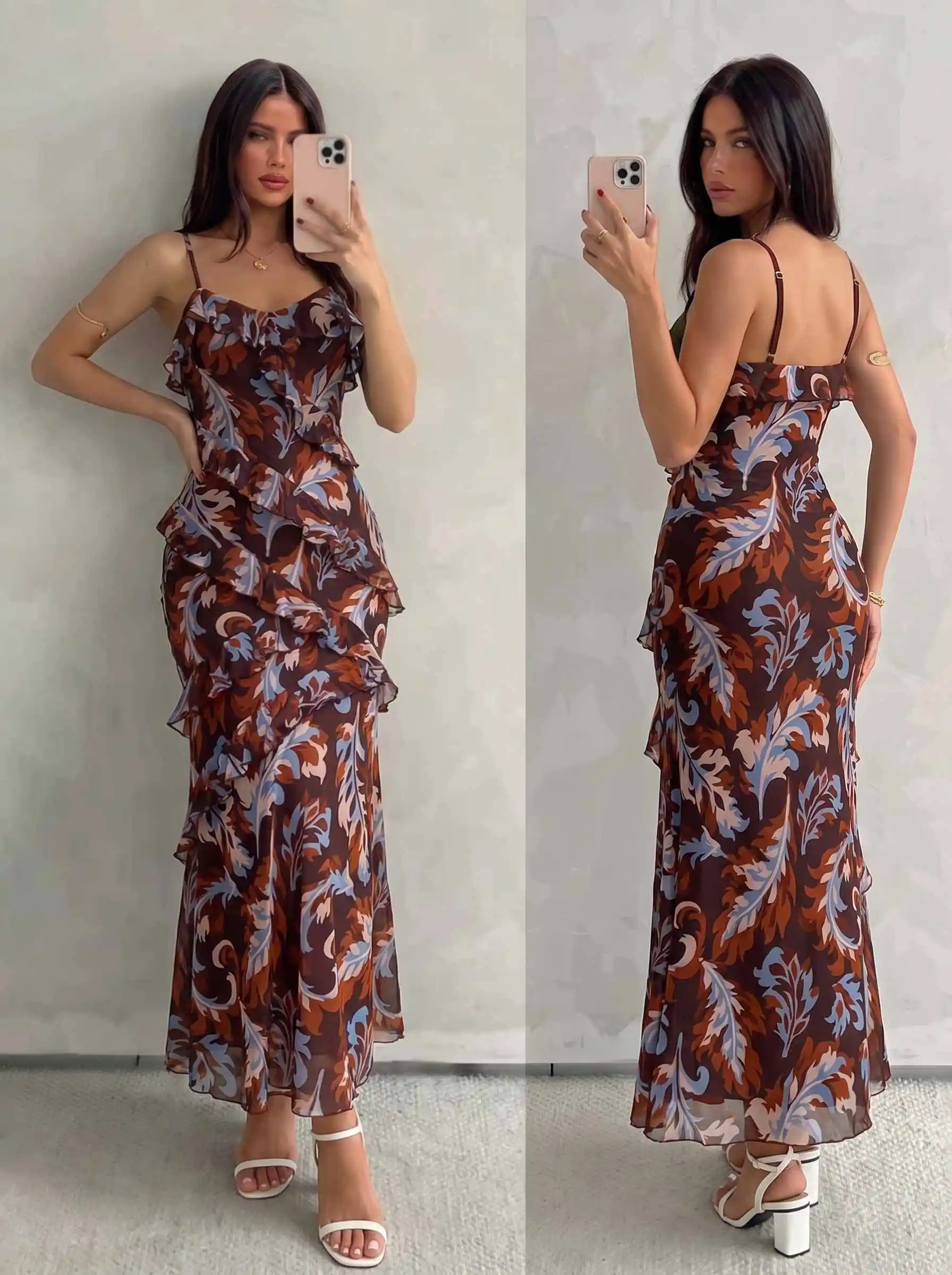 Damen Aquarell-Rosen-Print Cami-Kleid mit Rüschen, Chiffon-Midikleid, Spaghettiträger, fließendes Kleid für Urlaub, Strandparty, Ferien – Detail 30