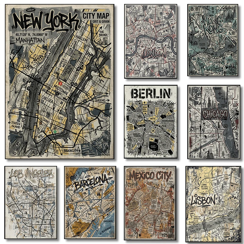 Pósteres Urbanos de Estilo Graffiti con Calles Dibujadas a Mano, Impresiones de Mapas de Barcelona, Londres y Manhattan, Cuadros en Lienzo para Decoración del Hogar