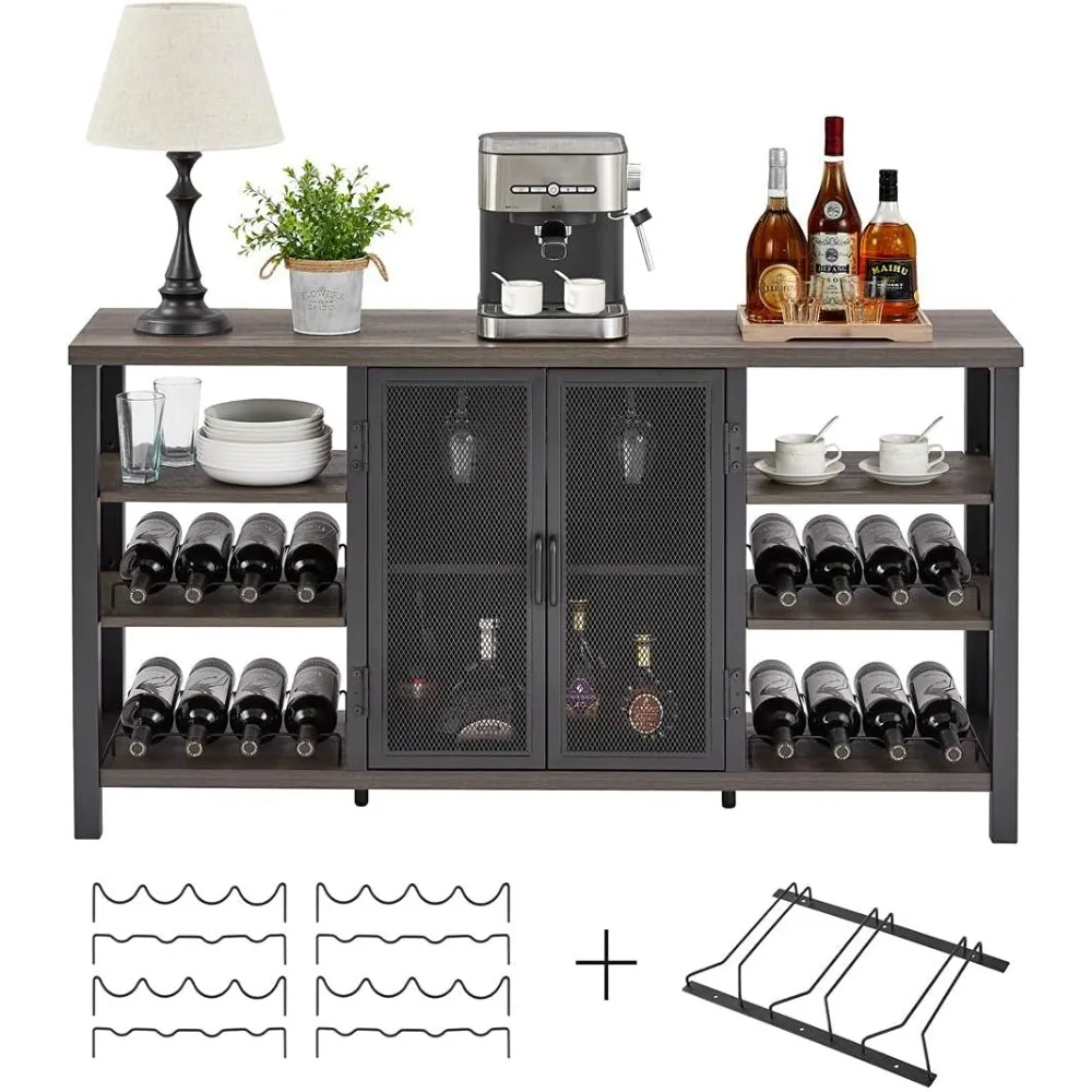 Industrial Wine Bar Gabinete para Bebidas e Copos, Madeira Coffee Bar com Wine Rack, Aparador de Metal e Buffe