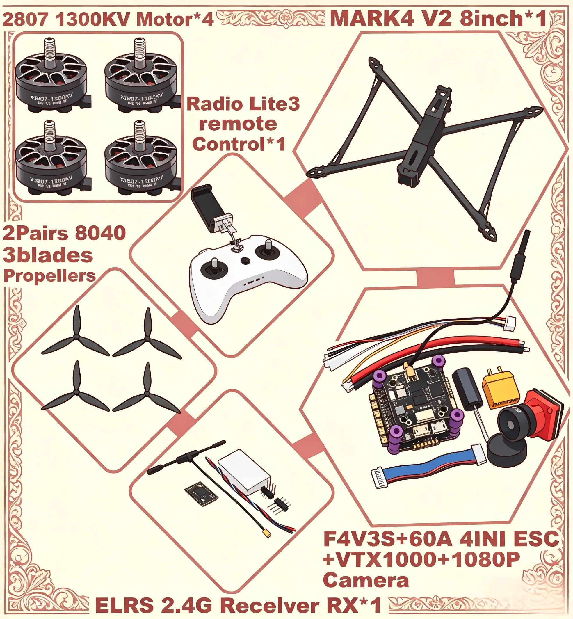

MARK4 V2 8-дюймовый дрон с полетным контроллером F4V3S/F4V3S PLUS, регулятором скорости 45/60A 4INI ESC, карбоновым корпусом, для FPV-гонок и фристайла.