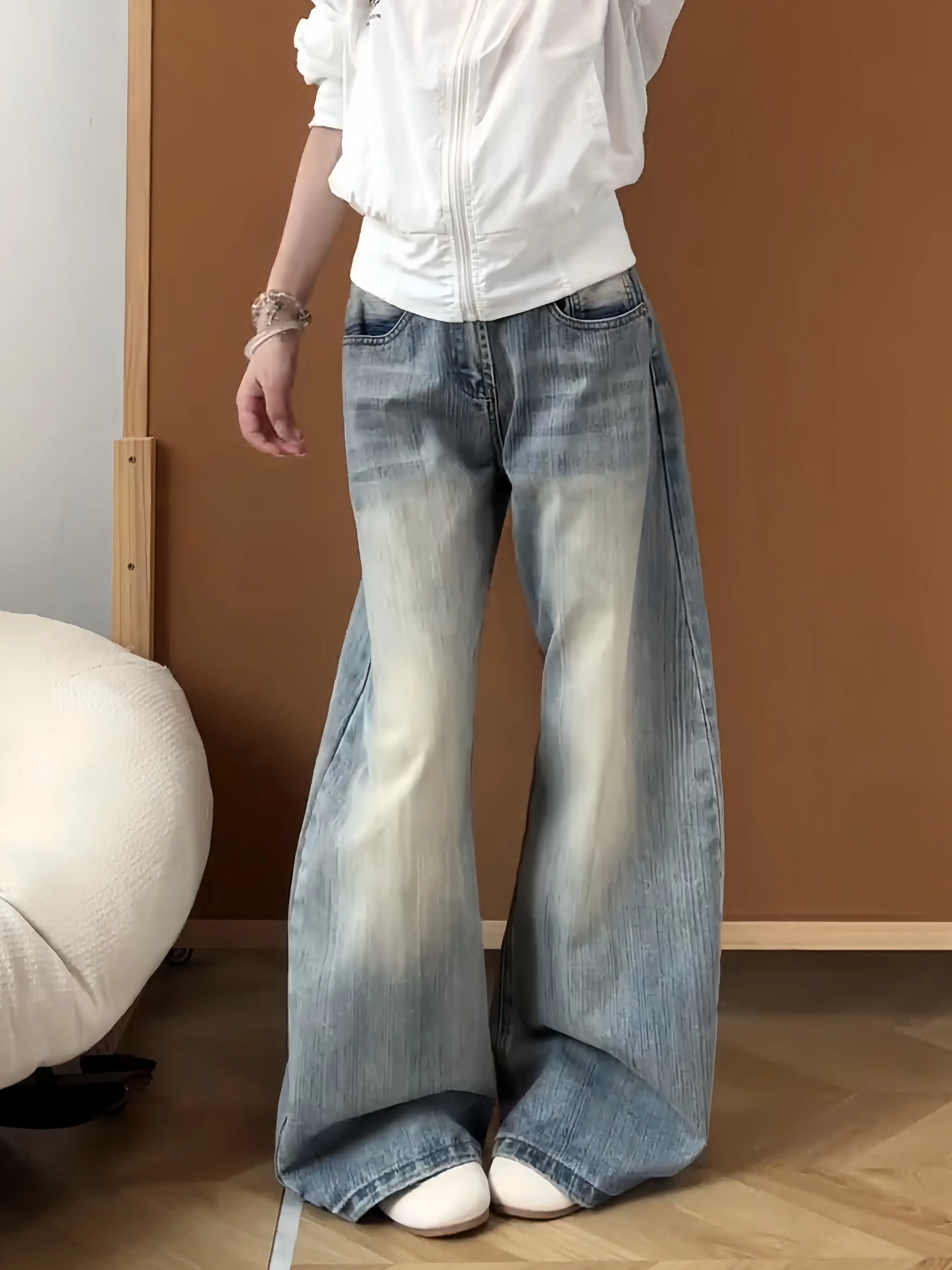 Washed Blue Men's Denim Pants Autumn Season High Street Style Slim Fit Drapey Long Straight Tube Bamboo Pattern Jeans