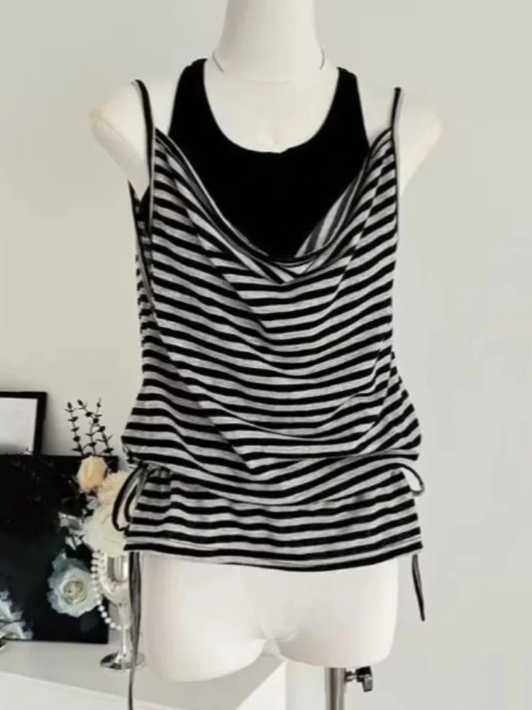 Korean Fashion Two Piece Sets Solid Color Sleeveless Vests Striped Lace-up Tanks Summer Vintage Design Tops Slim Women Clothing