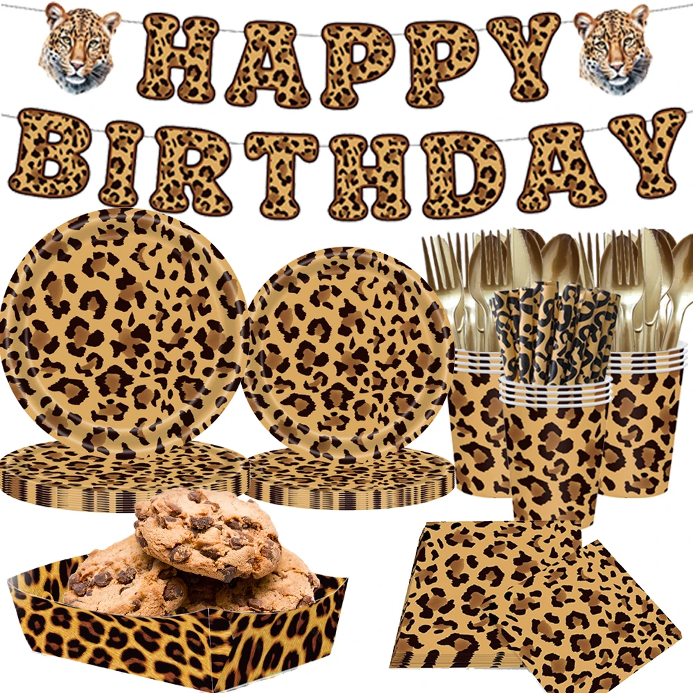 【セール中】ヒョウ柄パーティー用品使い捨て紙皿ナプキンカップストローとバナー動物ヒョウテーマ誕生日パーティー用品