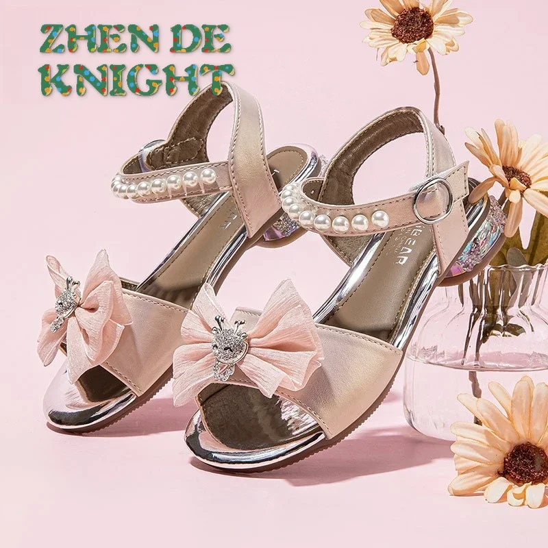 

Hot Sale Summer Fashion Comfortable Low Heel Baby Girls Soft Crystal Bow Princess Sandals Elegant Dance Cute Heeled Single Shoes